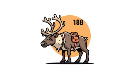 Cartoon illustration of a reindeer with saddle, antlers, and number 188. Set on a white background © Septidiana