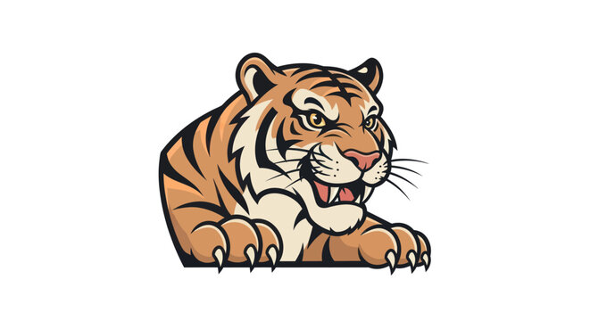 A detailed illustration of a tiger in a cartoon style, lying with a ferocious expression