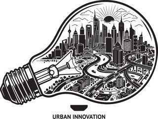 Obraz premium Urban innovation cityscape, light bulb idea, black and white vector, city skyline, creative concept