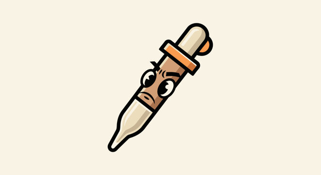 A cartoon pipette with a grumpy face on a light beige background