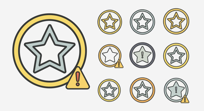 Assorted icon set with stars and exclamation points in circles with multiple colors