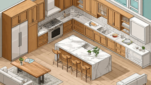 Modern Kitchen Interior with Wooden Cabinets and Marble Island.