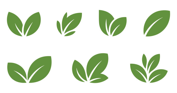 Leaf sprout icon with green leaves and plant symbols representing sustainability, vegan products, fresh herbs, organic agriculture, and natural wellness branding