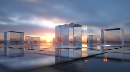 Obraz premium A futuristic abstract cityscape of geometric cube shaped buildings and transparent structures, creating a modern and innovative architectural background.