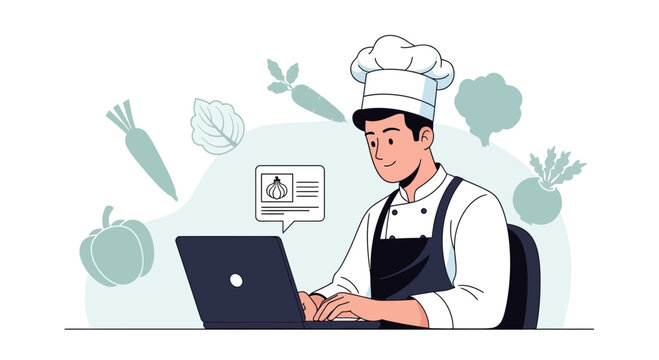 Chef Using Laptop for Online Cooking Class or Recipe Research surrounded by Fresh Vegetables and Food Icons