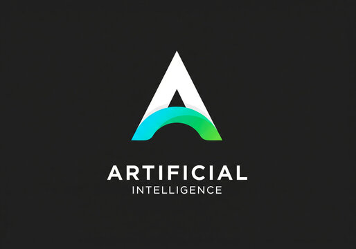 Artificial intelligence logo with white triangle and green blue arc on black background