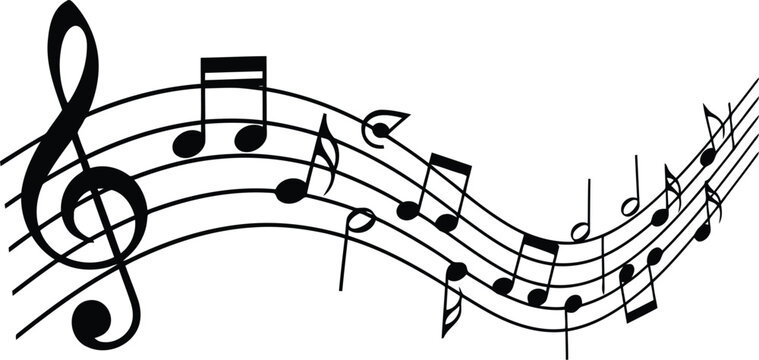 Abstract Musical Notes and Staff Line on White Background, Black Melody Wave Design