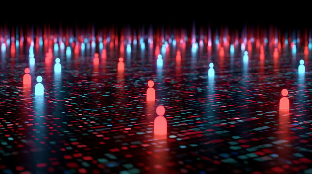Abstract human icons connected by lines over dark surface background
