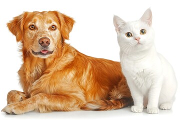 Obraz premium Adorable Golden Retriever Dog and White Domestic Cat Sitting Close Together on Plain White Background