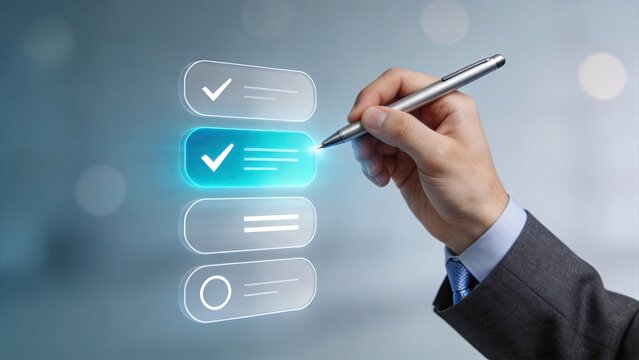 Hand using stylus to select glowing checkmark on futuristic virtual interface checklist representing task management, success, approval, and digital decision making process.