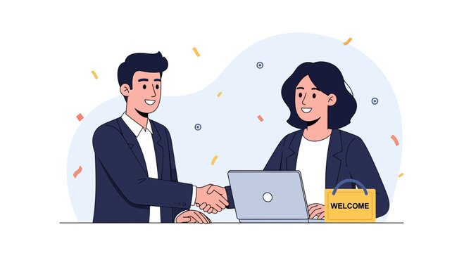 Business partners shaking hands, celebrating success, welcoming new employee or client with a gift bag and laptop.