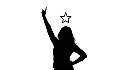 Woman silhouette stands with one arm raised while holding a star shape above her head. © yanto