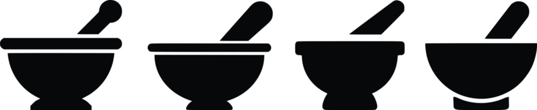 Mortar and pestle icon set vector illustration. Pharmacy, laboratory, medical, or kitchen grinding tool silhouettes