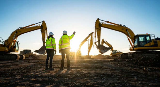 Two construction workers in high vis vests and hard hats standing on a building site with excavators