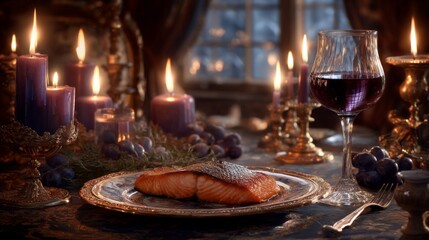 Fototapeta premium Elegant table setting with grilled salmon, fine wine, candles, and dark fruits creating a cozy and sophisticated dining atmosphere in warm tones