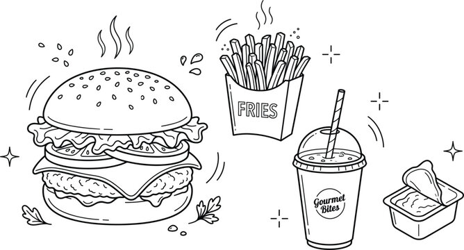 Fast food meal doodle vector set with big hamburger french fries soda drink cup and dipping sauce lineart