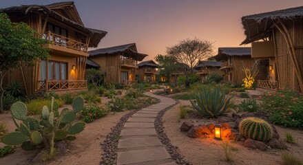 Obraz premium Tropical Resort Oasis at Dusk with Lush Gardens