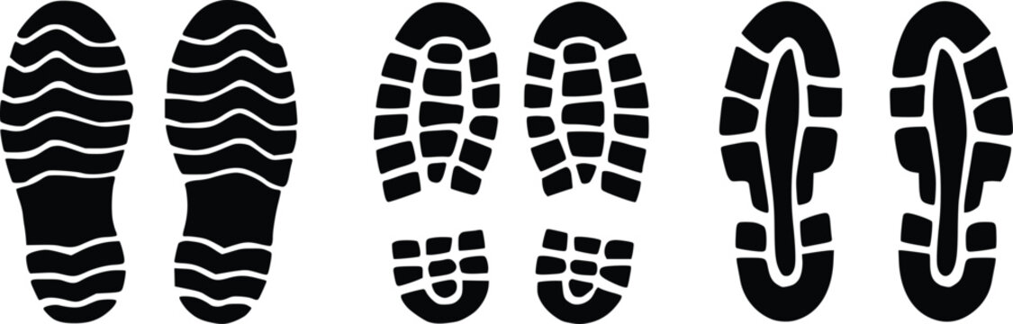 Shoe sole print icon set vector illustration. Boot footprint silhouettes, sneaker tracks, and tread marks isolated on white background