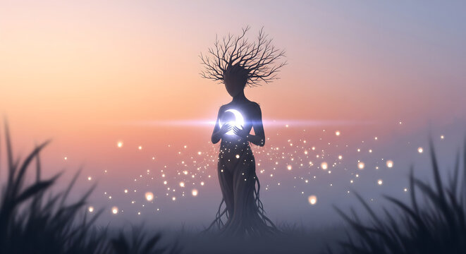 A mystical tree spirit goddess stands in a misty meadow at sunset holding a glowing orb of pure light in a dreamlike fantasy landscape