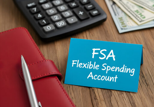 A close-up view of a blue sign with Flexible Spending Account text on a wooden desk with a red planner, calculator, and cash
