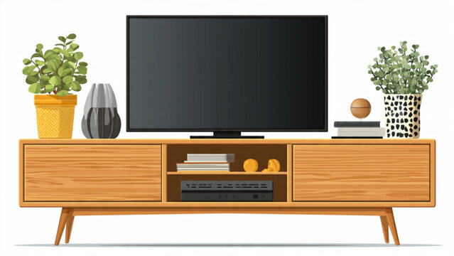 Modern wooden TV stand with decorative plants and electronic devices.