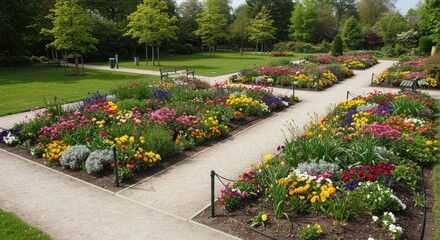 Obraz premium Vibrant Flower Beds in a Lush Green Park