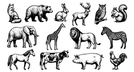 Fototapeta premium Vintage Hand Drawn Animal Clipart Set Engraved Vector Illustration