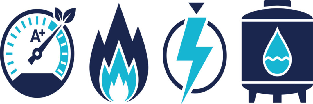 Energy efficiency meter, natural gas flame, electricity power lightning bolt, water supply tank, flat vector utility icon set design illustration