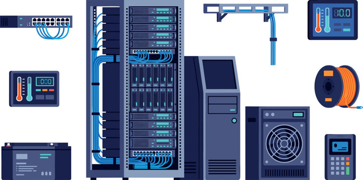 Data Center Server Rack Vector Set with Network Switch Mainframe Computer Cooling Fan Thermostat Monitor and Fiber Optic Cable Reel