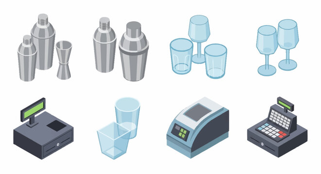 Set of isometric bar and restaurant equipment including shakers, glasses, and cash registers.