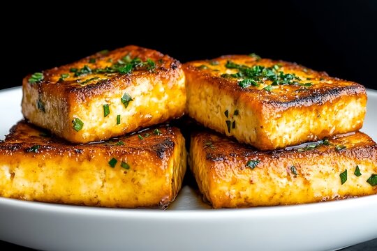 Crispy Pan-Fried Breaded Tofu Cubes garnished with chopped herbs, served on white plate, close-up shot
