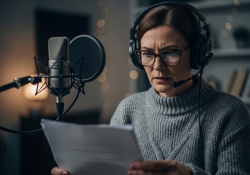 A focused woman reading a script in a home studio with professional audio gear and moody lighting.