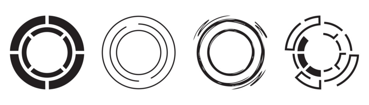Circular progress loader icon set featuring four distinct graphic designs including solid outline hand drawn sketch and modular fragmented ring loading shapes
