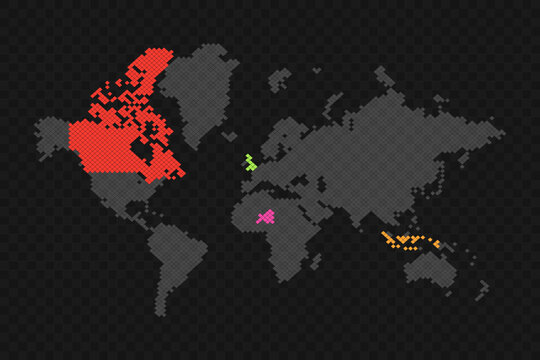 Pixelated world map with highlighted countries of Canada in red, United Kingdom in green, Mali in pink, and Indonesia in orange on dark background.