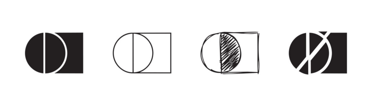 Abstract logo elements showing intersection of forms. Design collection with minimalist circles and rectangles in solid outline and textured styles.