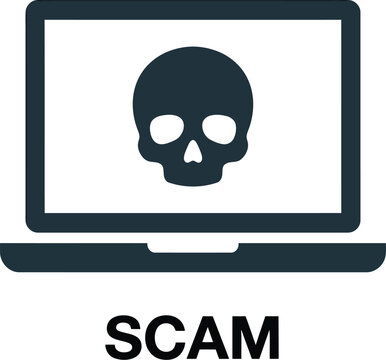 Minimalist black icon of a laptop computer displaying a threatening skull symbol representing online fraud