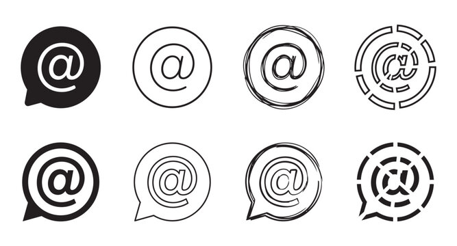 Set of electronic mail symbol icons presented in various styles including solid line sketch and shattered circle forms for digital contact and communication apps.