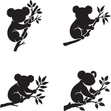 Set of four koala bears on tree branches with leaves