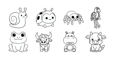 Line art illustrations of adorable animals: a snail, ladybug, spider, parrot, frog, yak, hippo, and cow. © Ibas' Creations