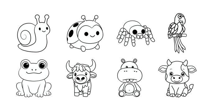 Line art illustrations of adorable animals: a snail, ladybug, spider, parrot, frog, yak, hippo, and cow.