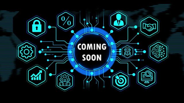  coming soon concept with global financial and business growth elements, Internet, technology infrastructure concept. world map background on 4k animation video.