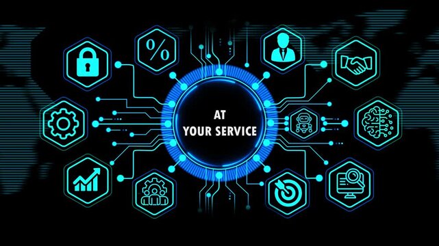  at your service concept with global financial and business growth elements, Internet, technology infrastructure concept. world map background on 4k animation video.
