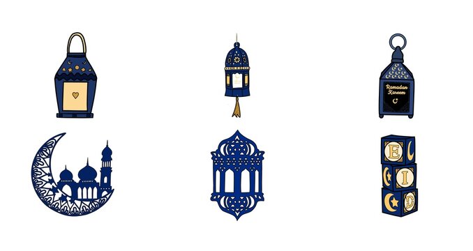 Hanging decorations for Ramadan and Eid, featuring traditional lantern and mosque designs in blue and gold.