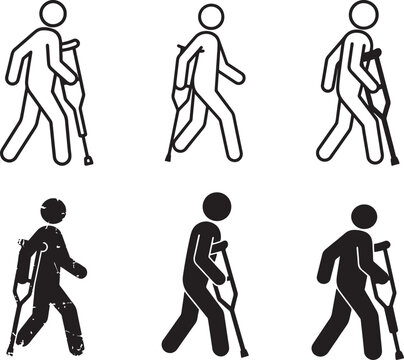 Set of stick figures using crutches for walking