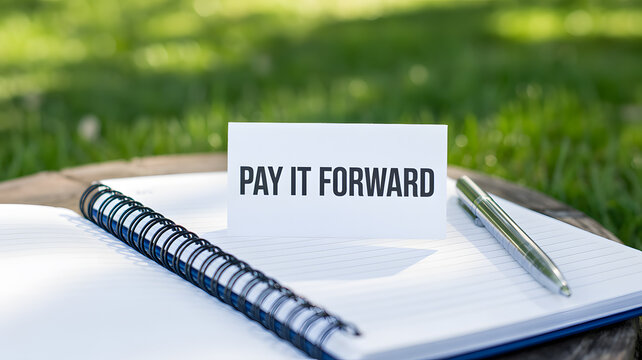 A notebook with a pen and a card that says pay it forward on a wooden table in a green field