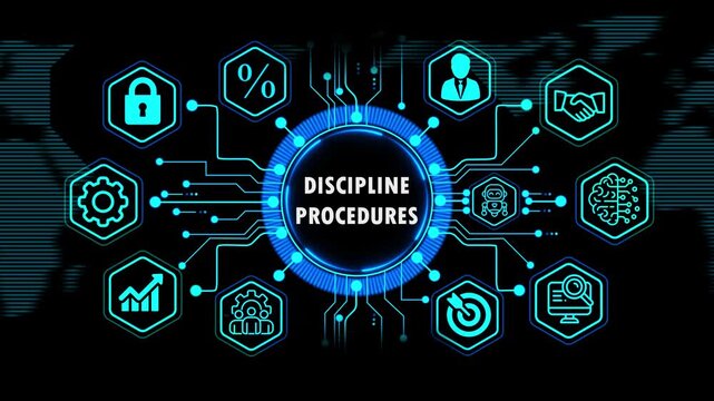  discipline procedures  concept with global financial and business growth elements, Internet, technology infrastructure concept. world map background on 4k animation video.