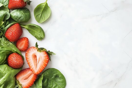 Fresh Organic Strawberries and Spinach Leaves on White Marble Surface for Healthy Food Market