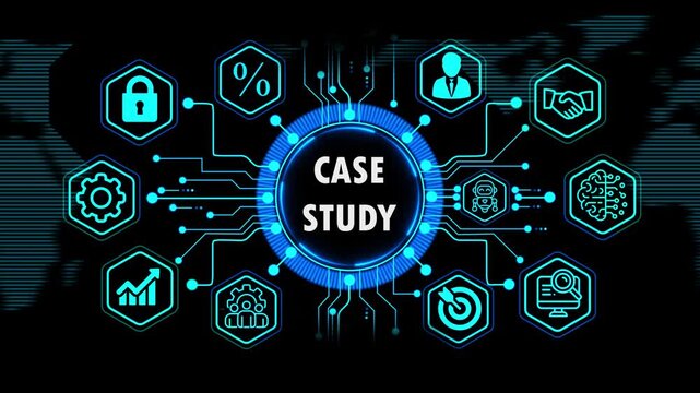  case study concept with global financial and business growth elements, Internet, technology infrastructure concept. world map background on 4k animation video.