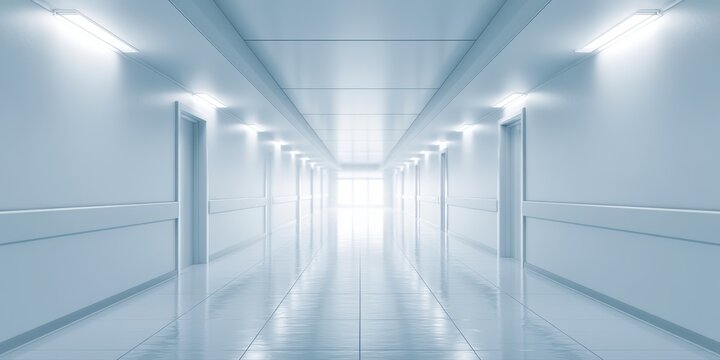 Modern hospital corridor with sunlight, empty clinical architecture, healthcare background image with copy space, high demand Adobe stock aesthetic