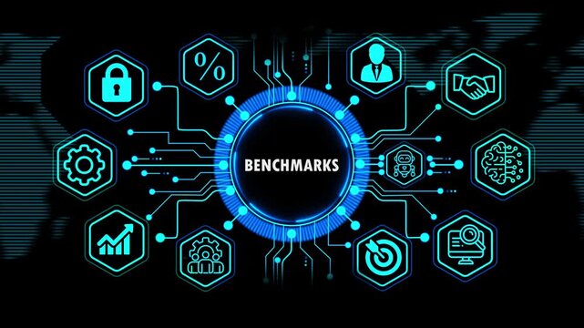  benchmarks concept with global financial and business growth elements, Internet, technology infrastructure concept. world map background on 4k animation video.